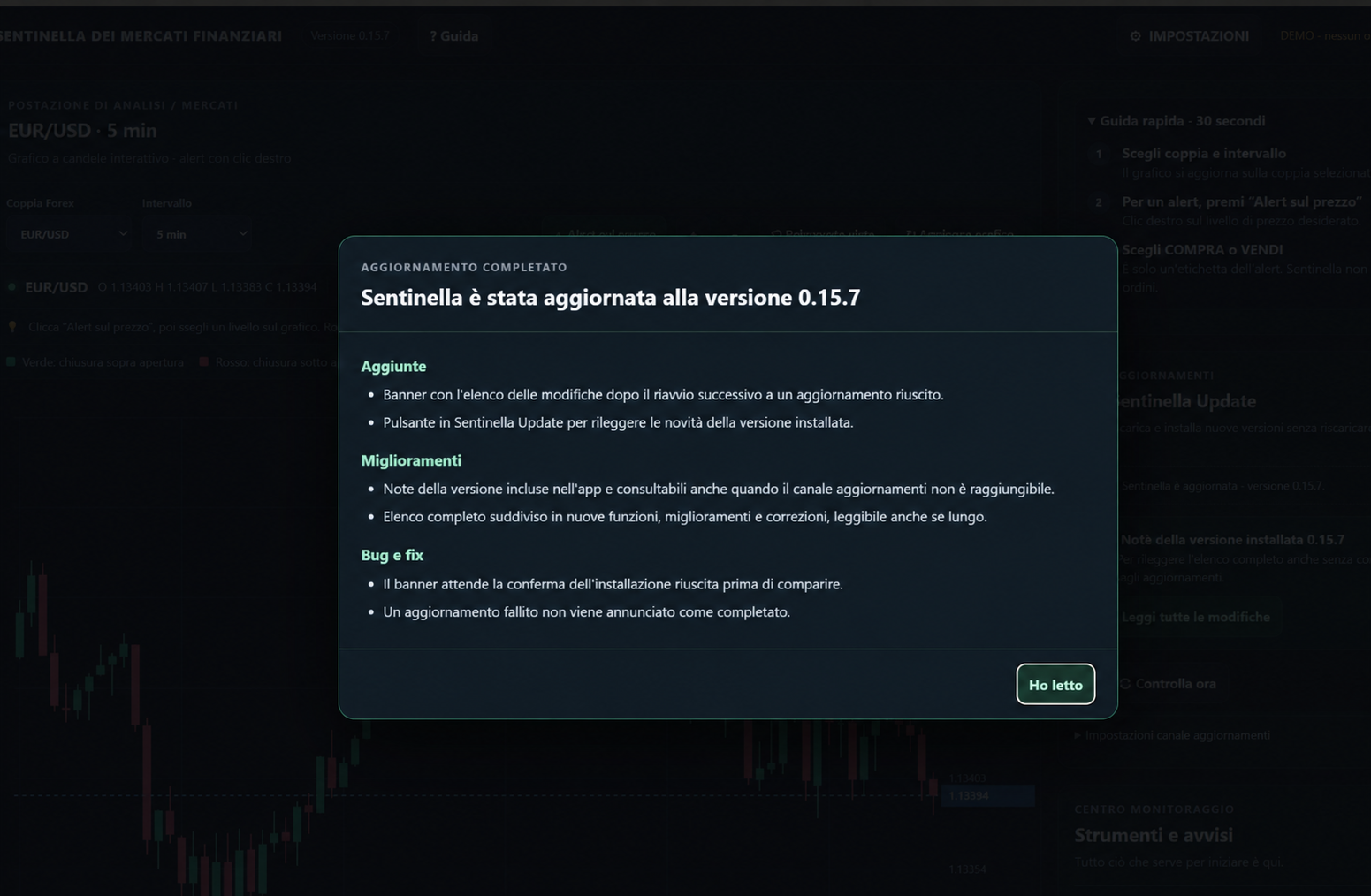Banner della versione 0.15.7 con l'elenco di aggiunte, miglioramenti, bug e fix